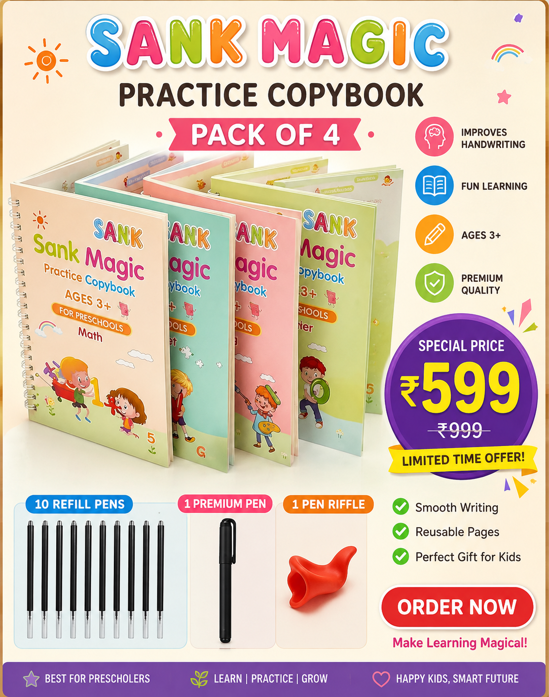 📘 Magic Reusable Copybook Set (Pack of 4) – Smart Learning, Endless Practice | Free Pen & Refills | Only ₹599