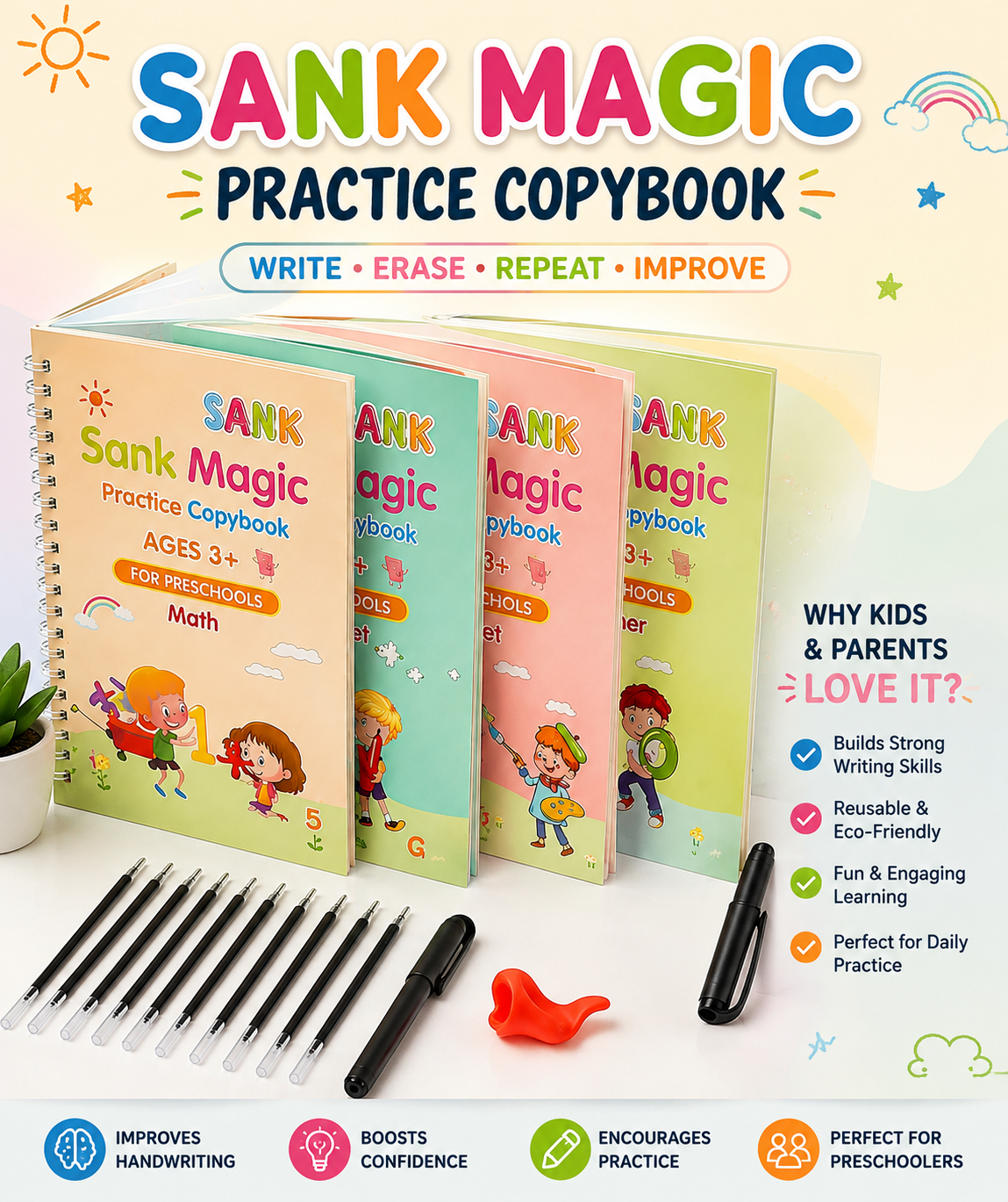 📘 Magic Reusable Copybook Set (Pack of 4) – Smart Learning, Endless Practice | Free Pen & Refills | Only ₹599