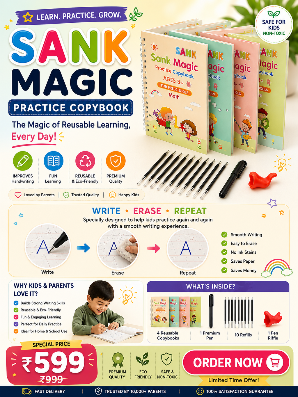 📘 Magic Reusable Copybook Set (Pack of 4) – Smart Learning, Endless Practice | Free Pen & Refills | Only ₹599